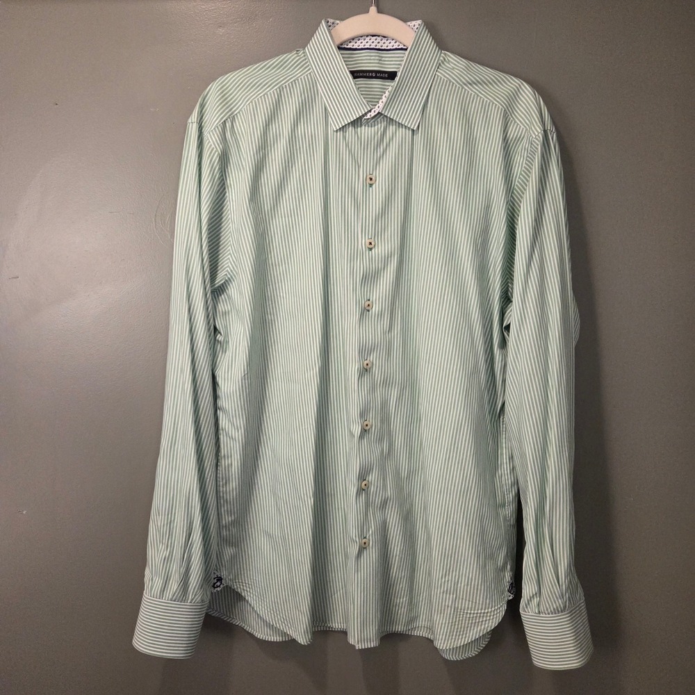 Hammer Made Men's Striped Dress Shirt Size 42/16.5 Green & White